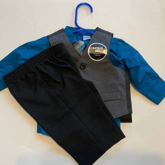 GREY BLUE MIX 4 PC SHIRT TIE PANTS VEST DRESSY SIZE 0-3 MOS SUIT SET - Picture 2 of 5